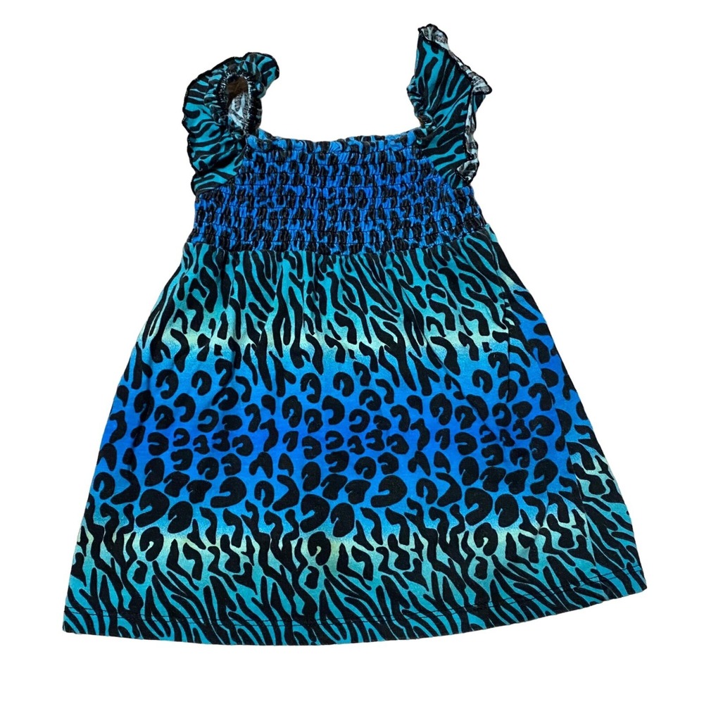 Kidgets Animal Print Dress Girls 24M‎ Blue Smocked Ruffle Sleeve Y2K Kidcore